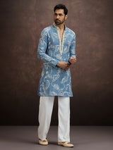 Dusty blue floral embroidered linen kurta pajama for men