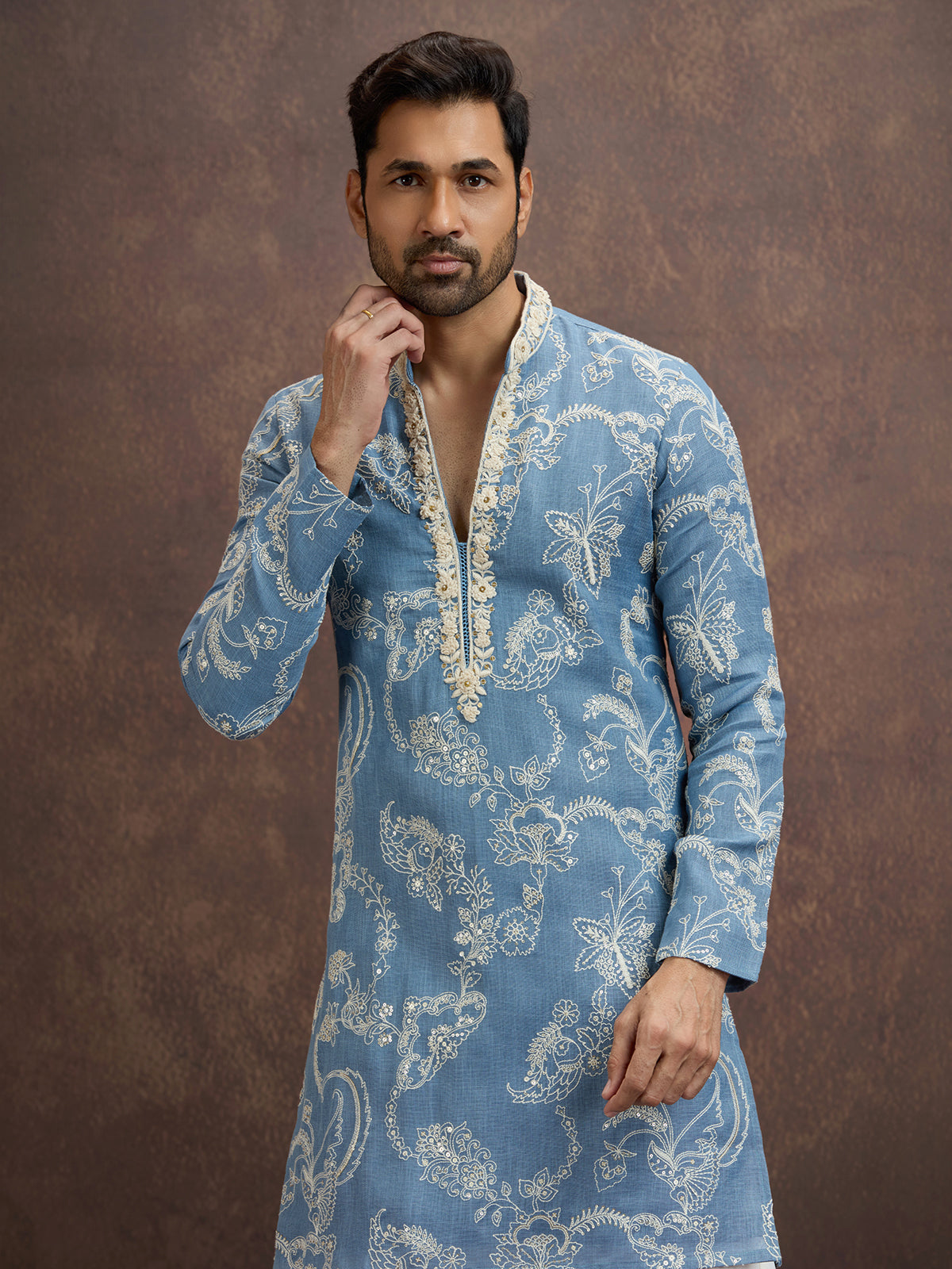 Dusty blue floral embroidered linen kurta pajama for men