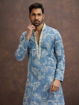 Dusty blue floral embroidered linen kurta pajama for men