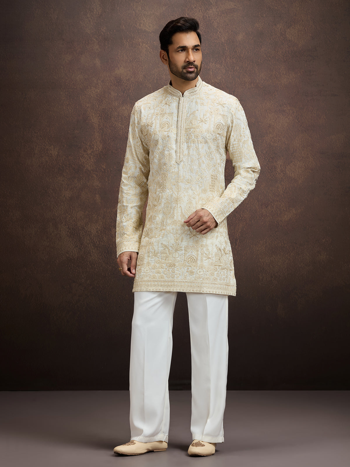 Cream chikankari embroidered kurta pajama for men
