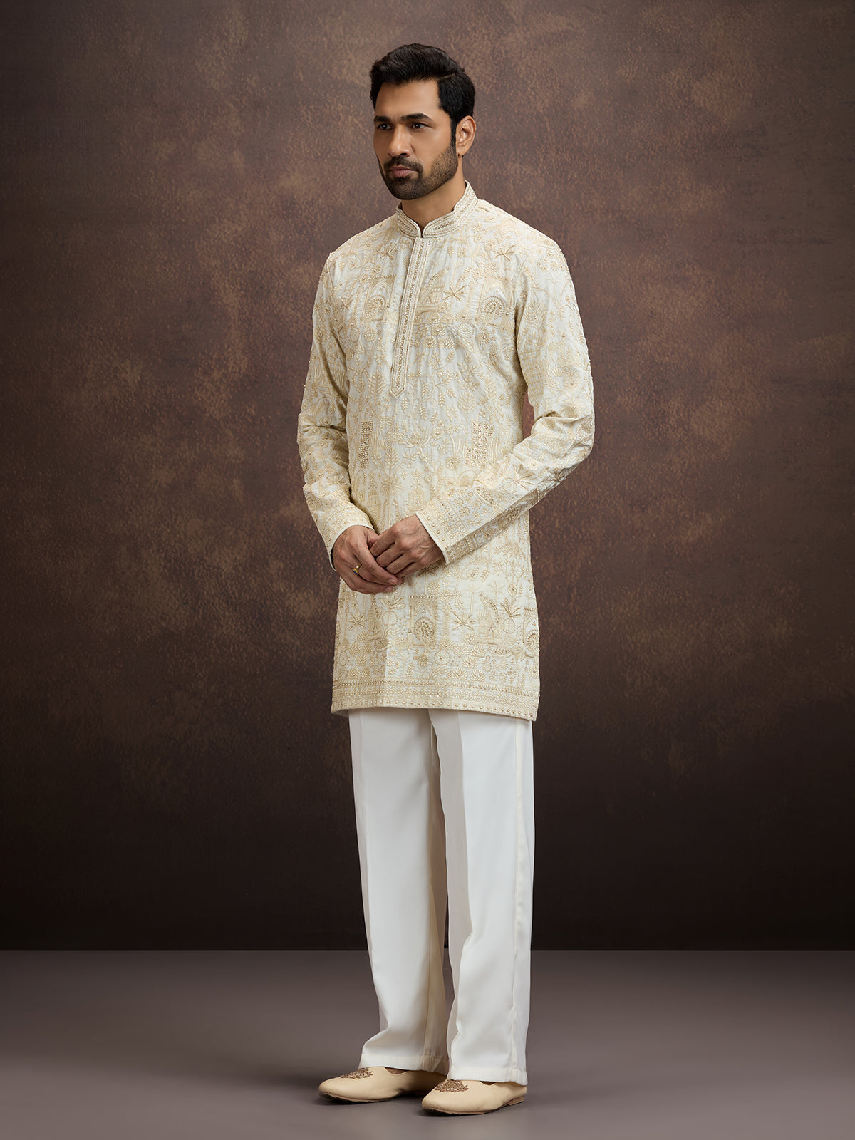 Cream chikankari embroidered kurta pajama for men
