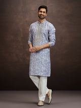 Blue printed aabla work kurta pajama for men