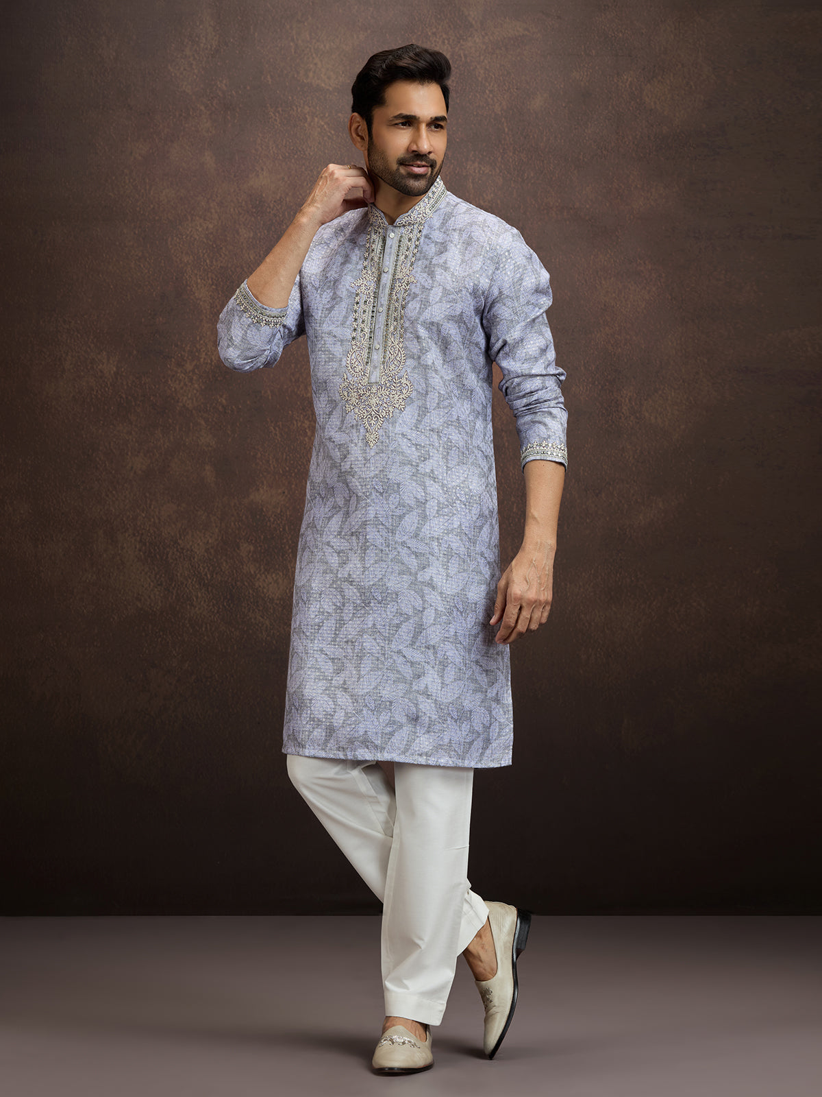 Blue printed aabla work kurta pajama for men