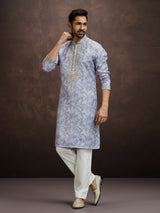 Blue printed aabla work kurta pajama for men