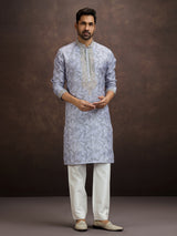 Blue printed aabla work kurta pajama for men