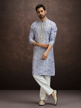 Blue printed aabla work kurta pajama for men