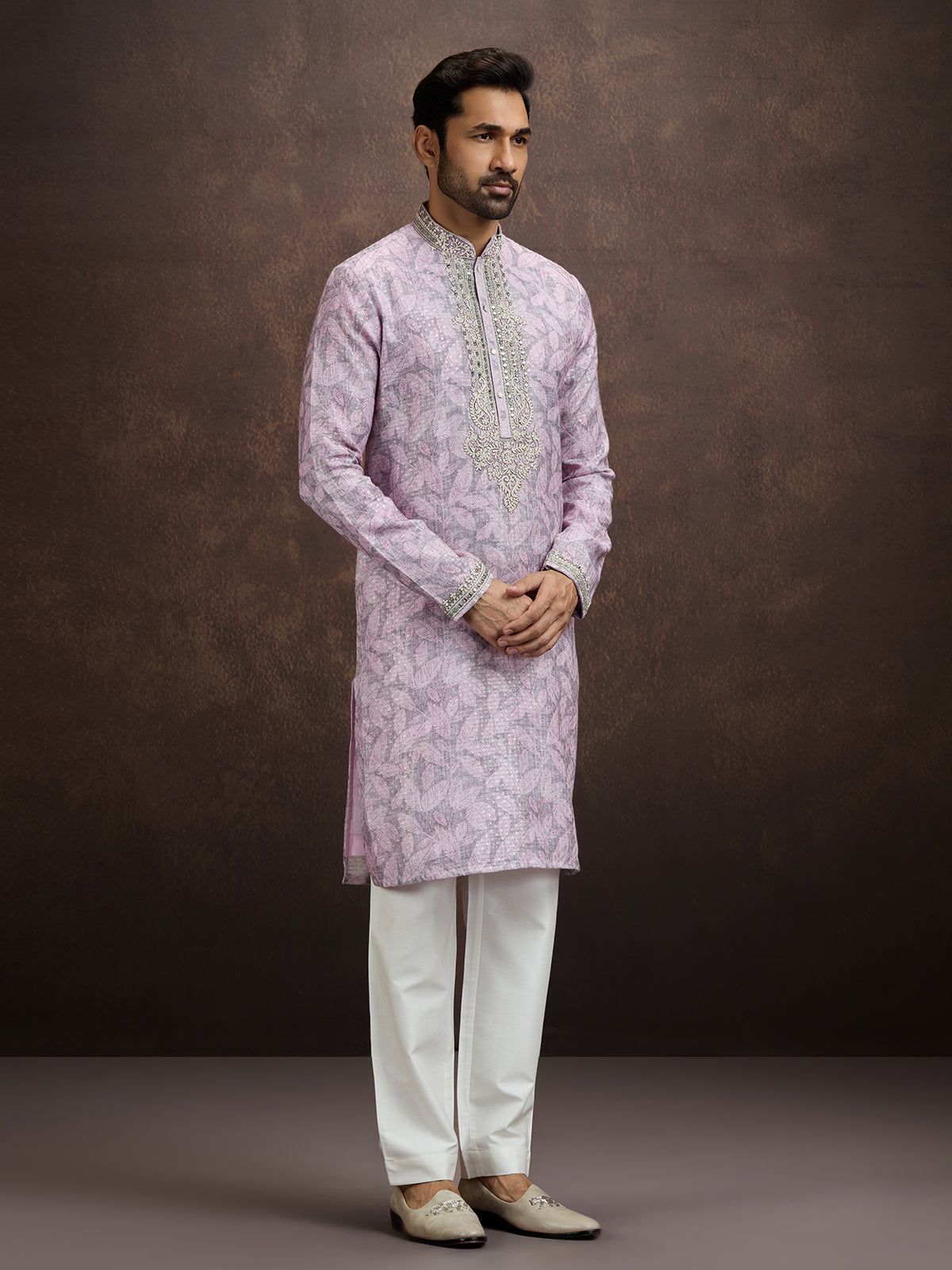 Lavender printed aabla work kurta pajama for men