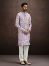 Lavender printed aabla work kurta pajama for men