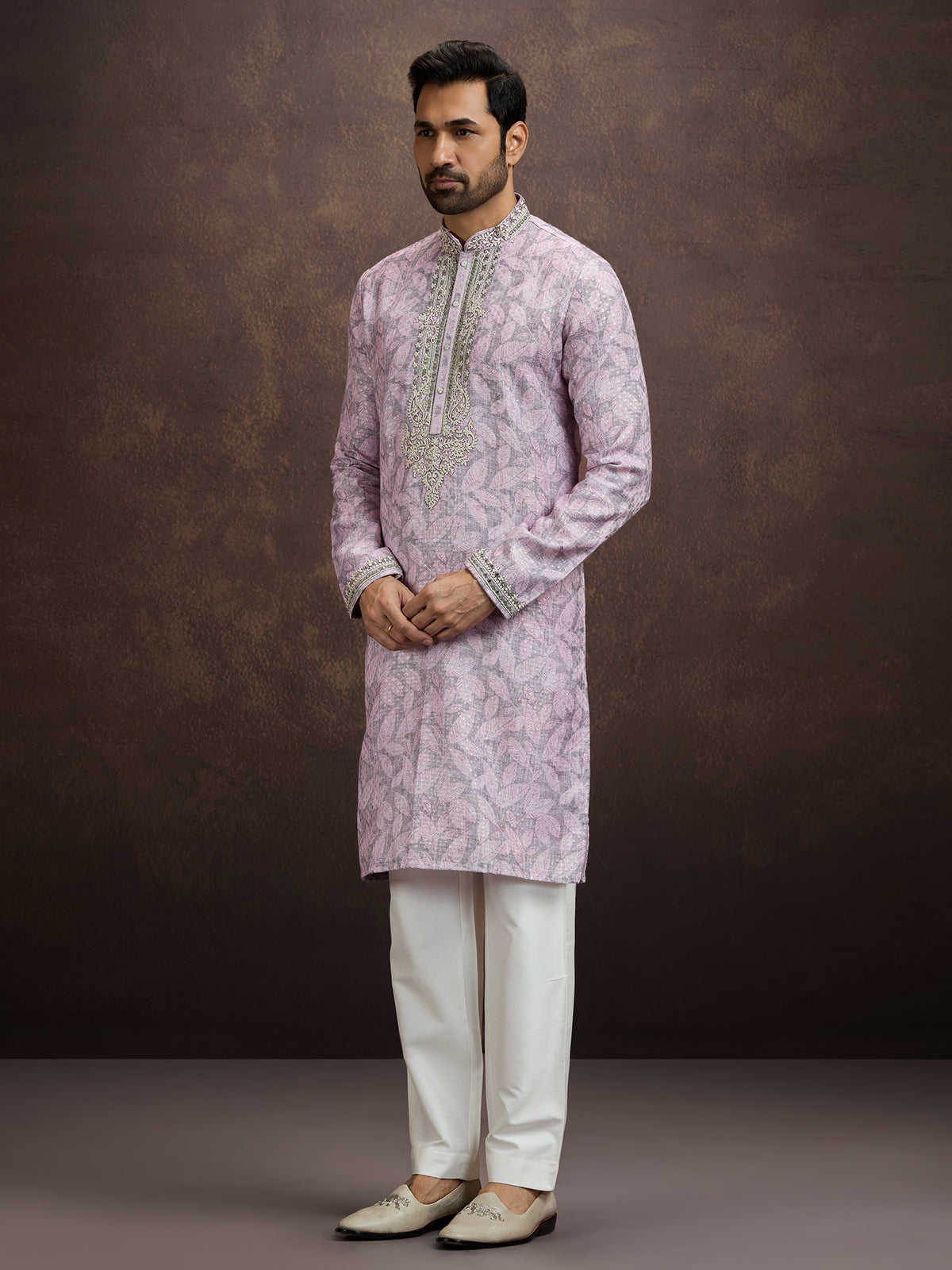 Lavender printed aabla work kurta pajama for men
