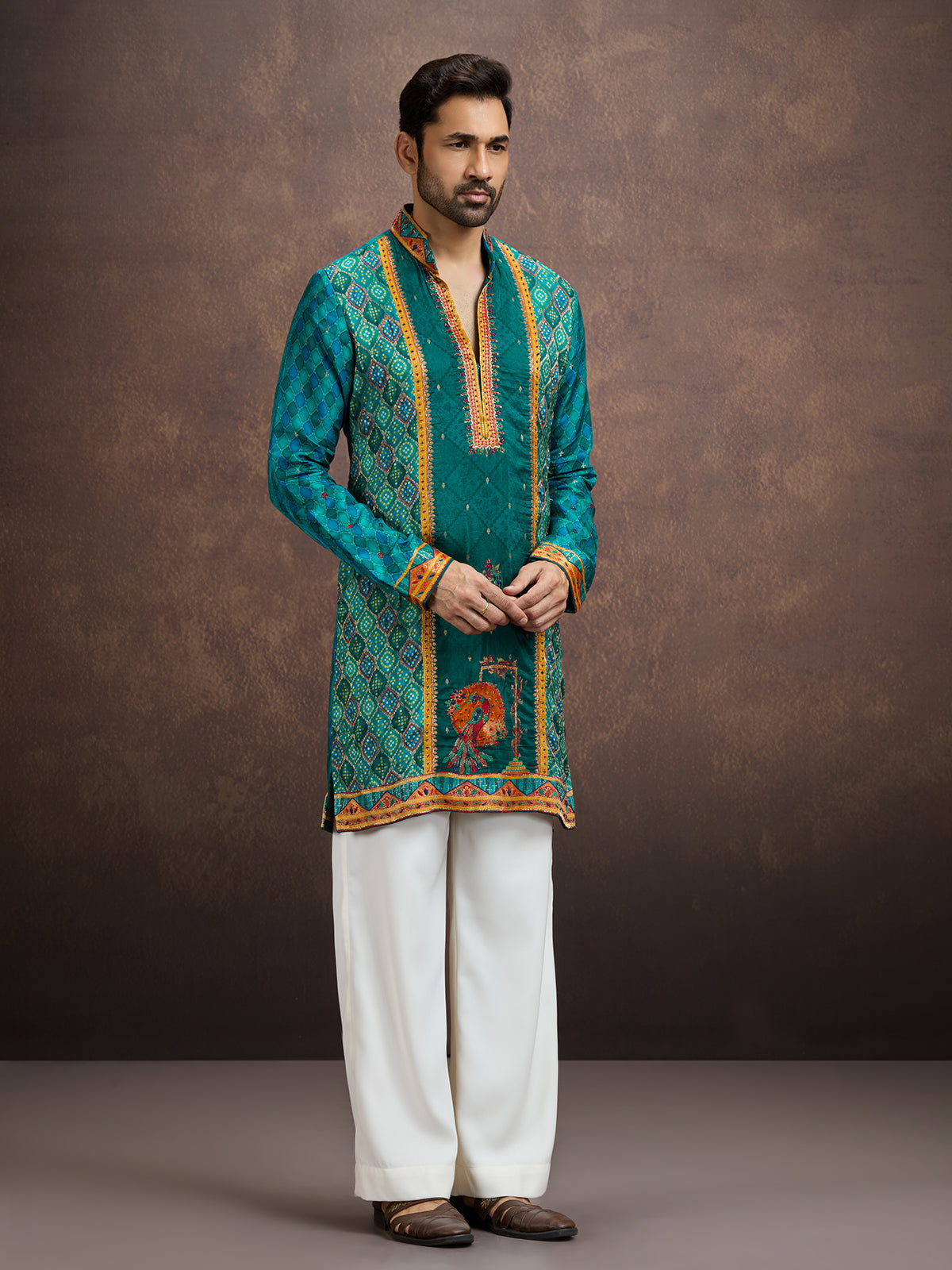 Teal green bandhani kurta pajama for men