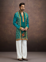 Teal green bandhani kurta pajama for men