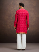Red bandhani embroidered kurta pajama for men