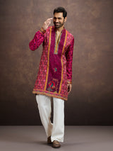 Magenta pink bandhani kurta pajama for men
