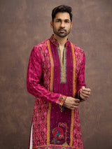 Magenta pink bandhani kurta pajama for men