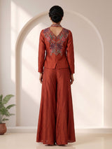 Rust embroidered indo western sharara suit for wedding celebration