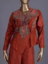 Rust embroidered indo western sharara suit for wedding celebration