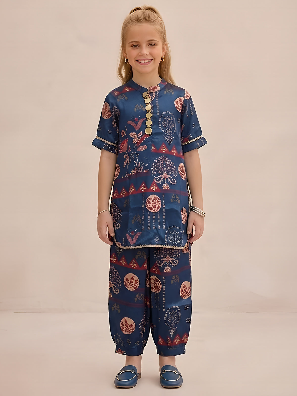 Navy blue boho printed girls co-ord set