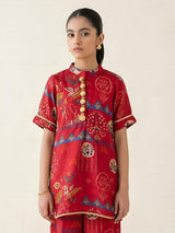 Red boho printed girls co-ord set
