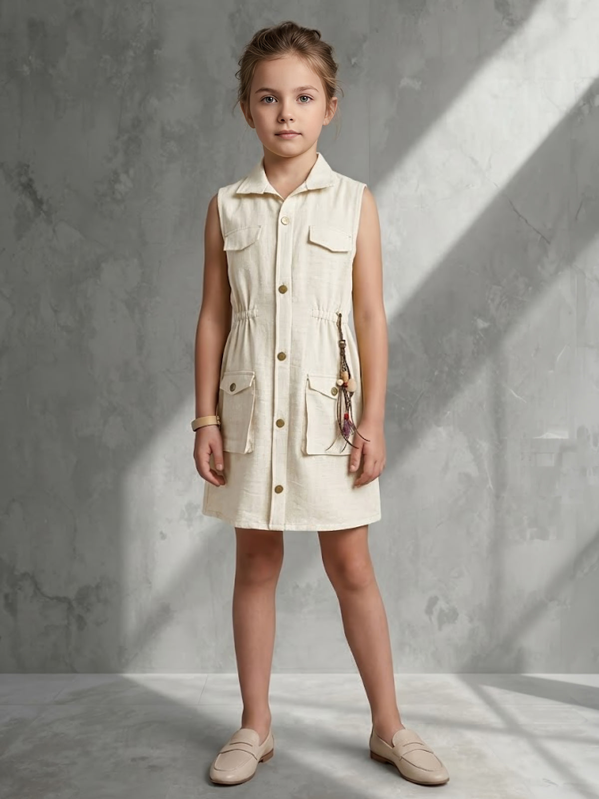 Beige safari shirt girls dress