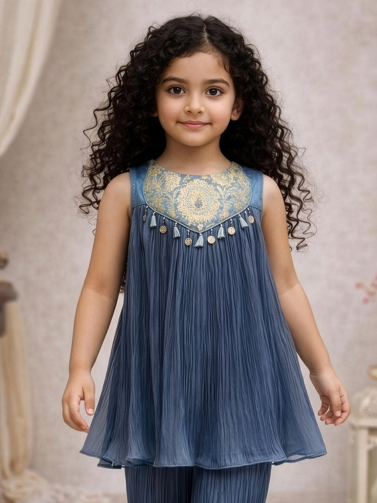 Stone blue zari embellished girls pant suit