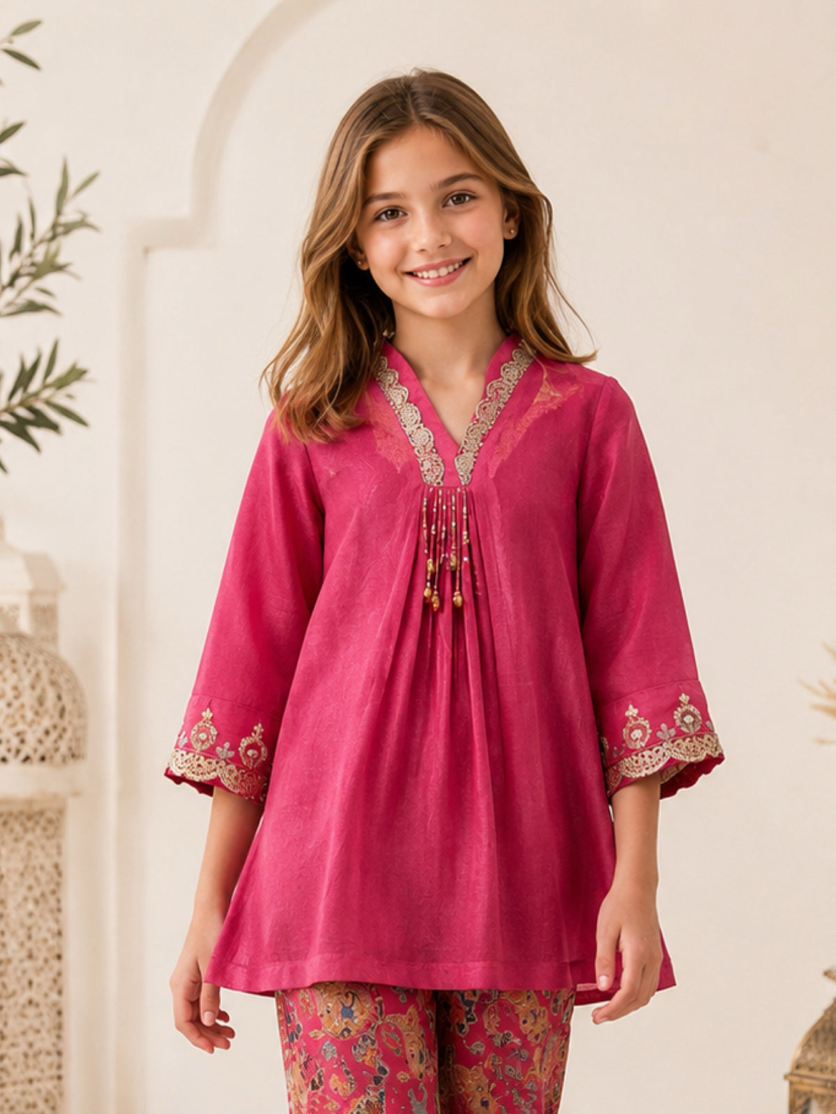 Pink printed girls palazzo suit