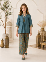 Teal blue printed girls palazzo suit