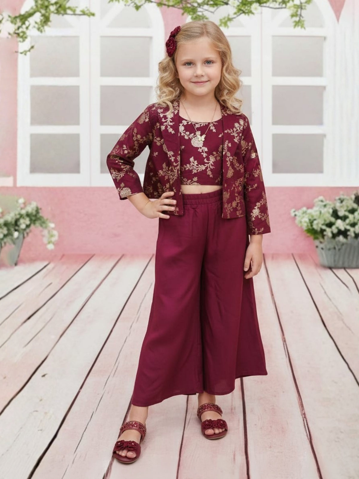 Maroon zari embroidered girls palazzo suit with jacket