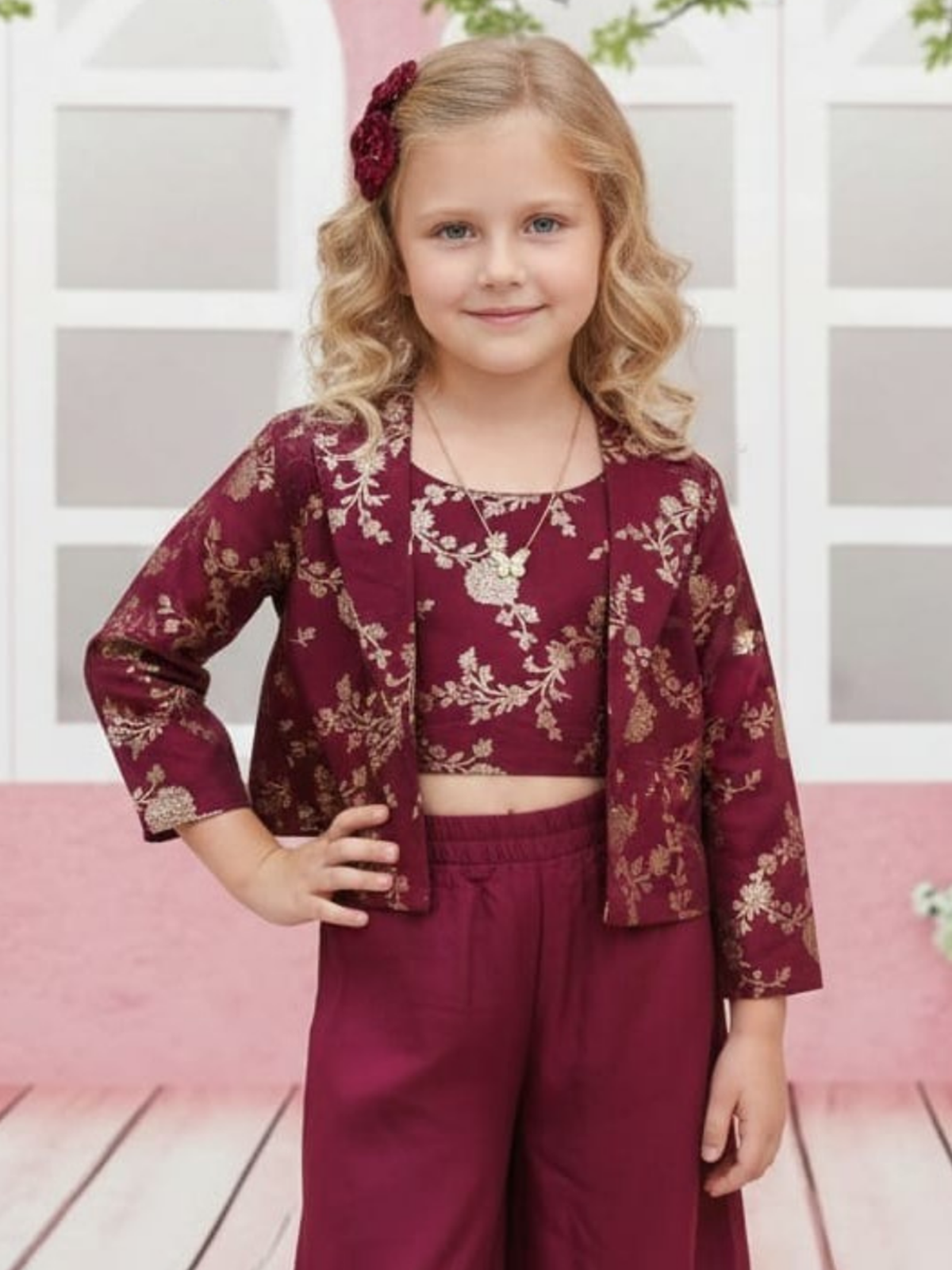 Maroon zari embroidered girls palazzo suit with jacket