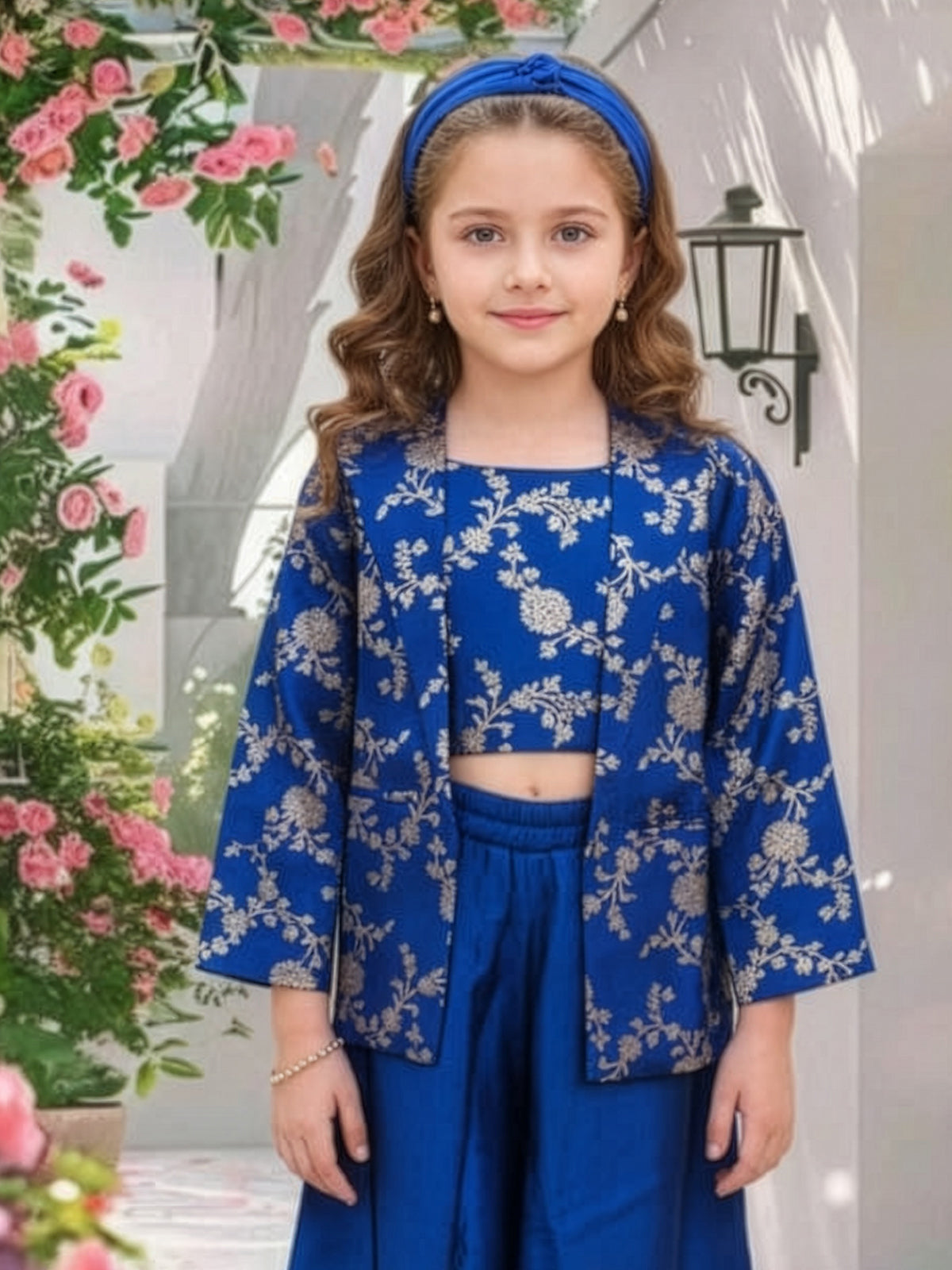 Blue zari embroidered girls palazzo suit with jacket