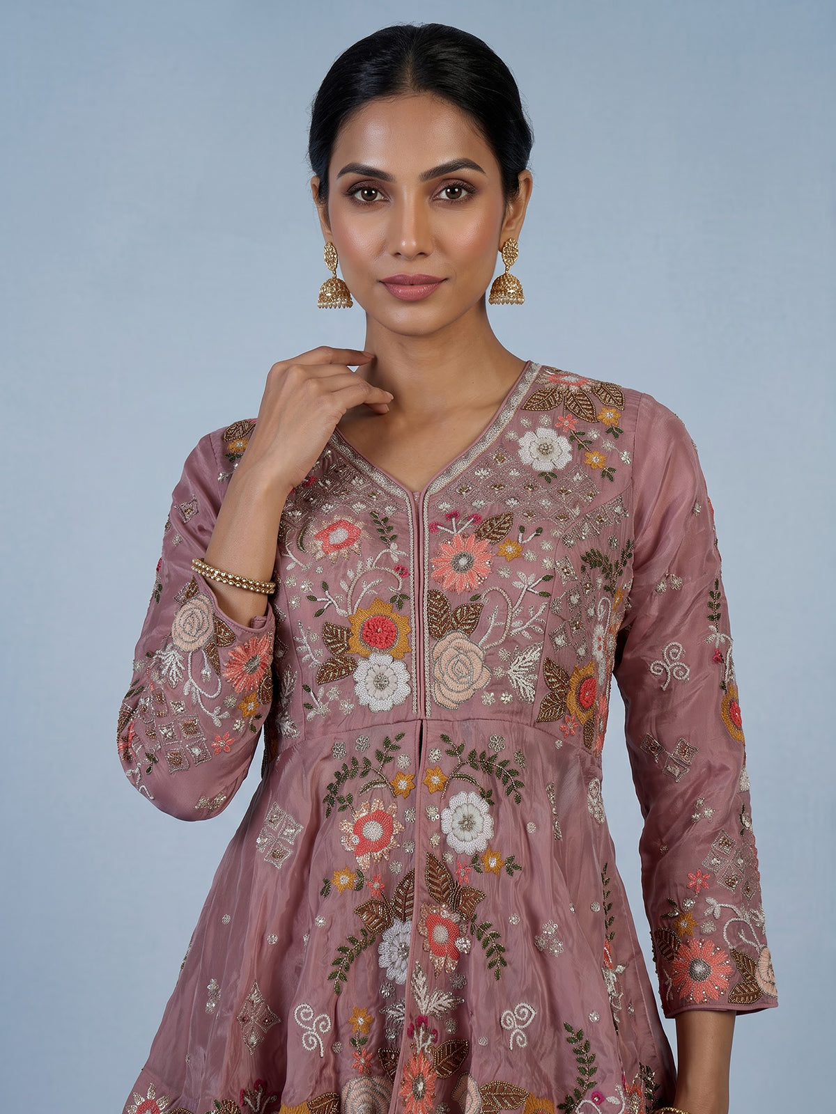 Onion pink zardosi embroidered women palazzo suit