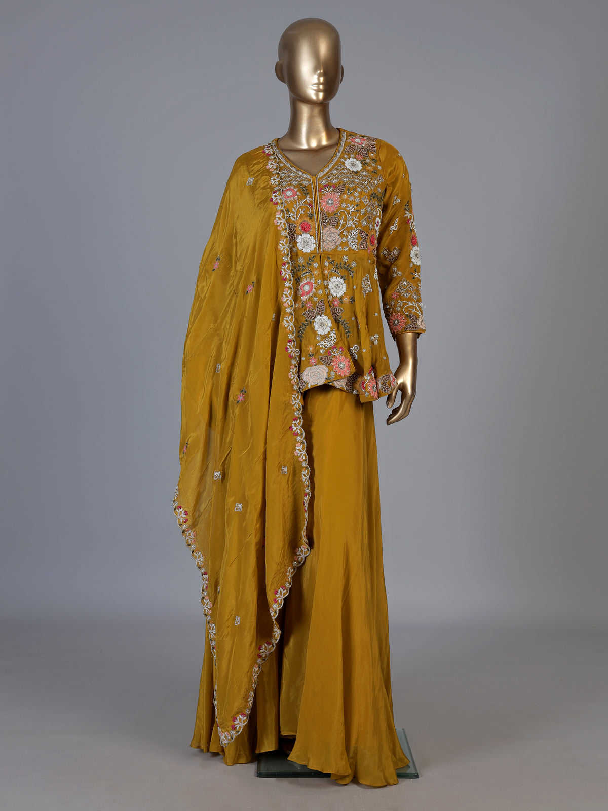 Mustard yellow zardosi embroidered women palazzo suit