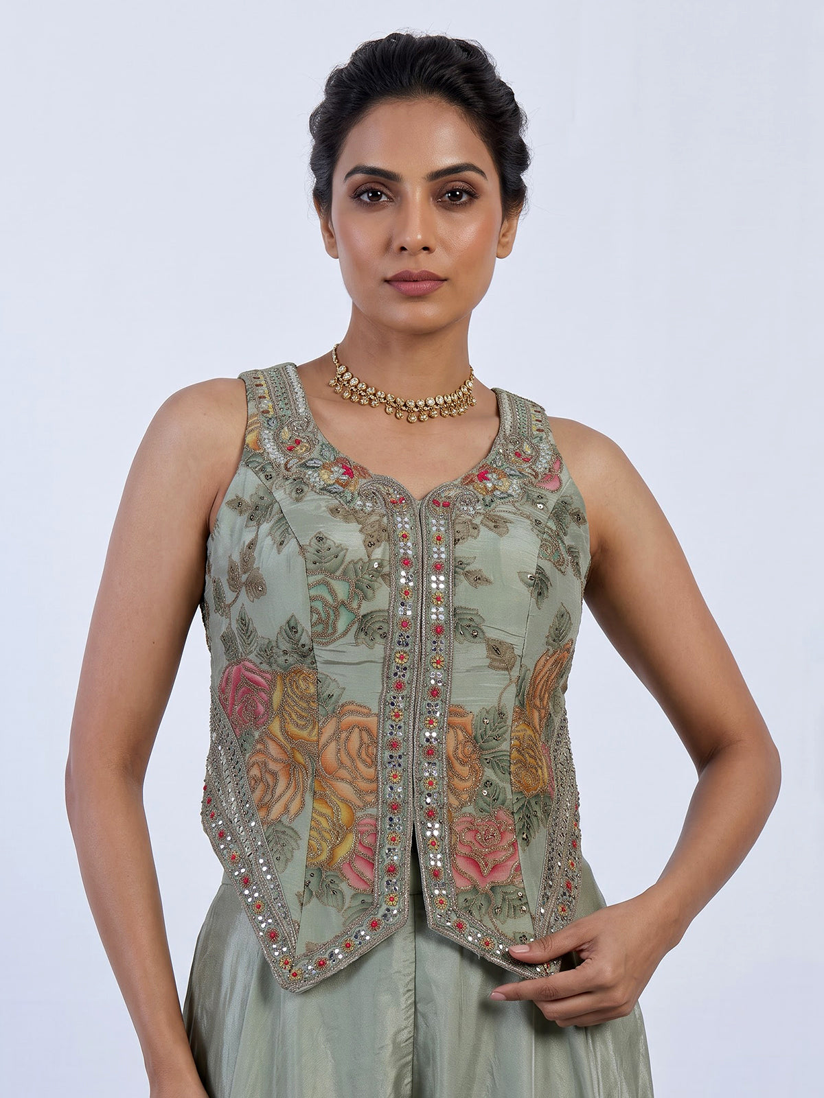 Pista green floral embroidered women palazzo suit