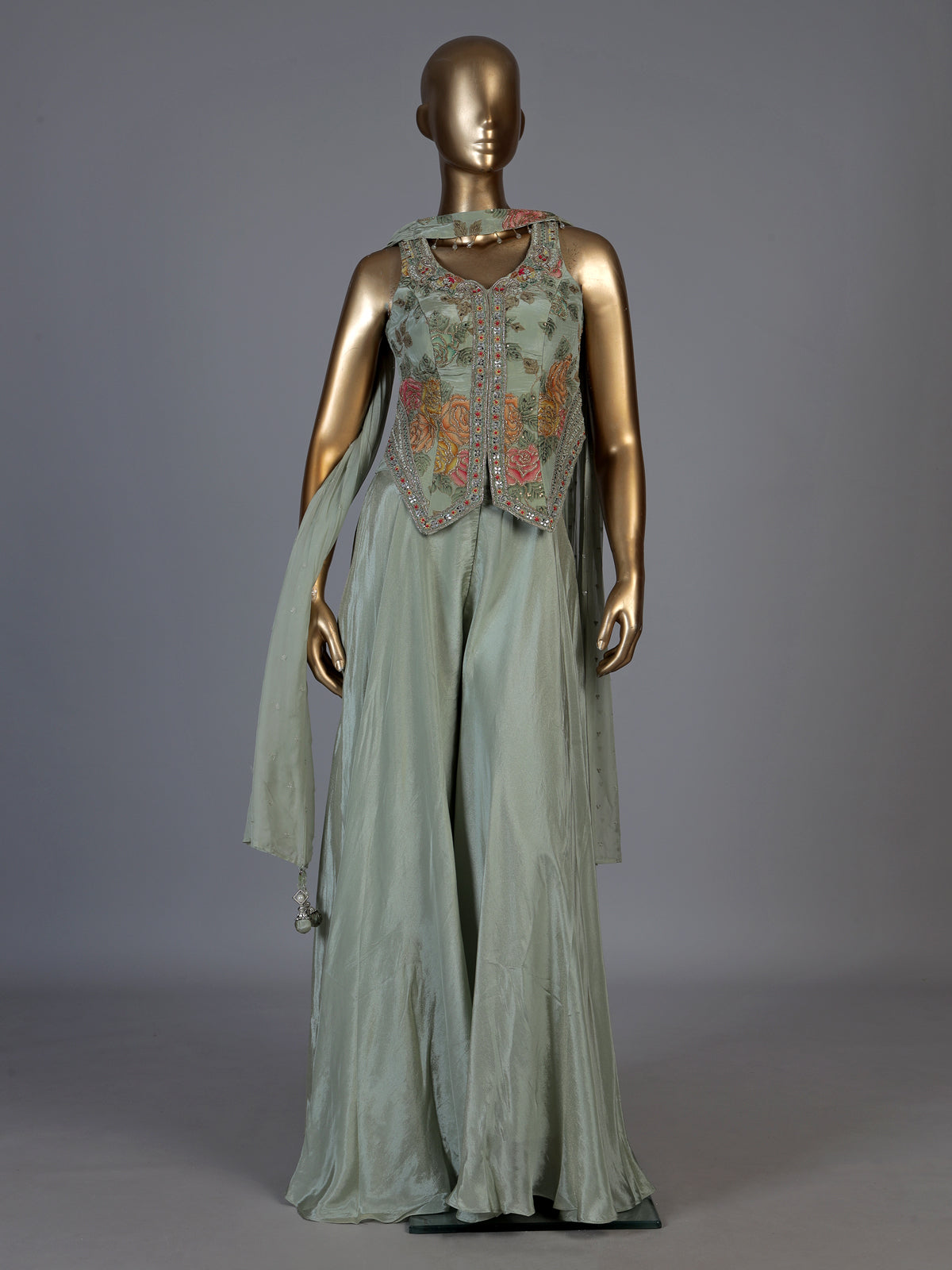 Pista green floral embroidered women palazzo suit