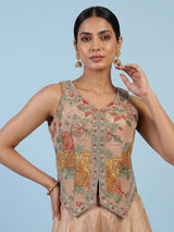 Peach floral embroidered women palazzo suit with choker dupatta