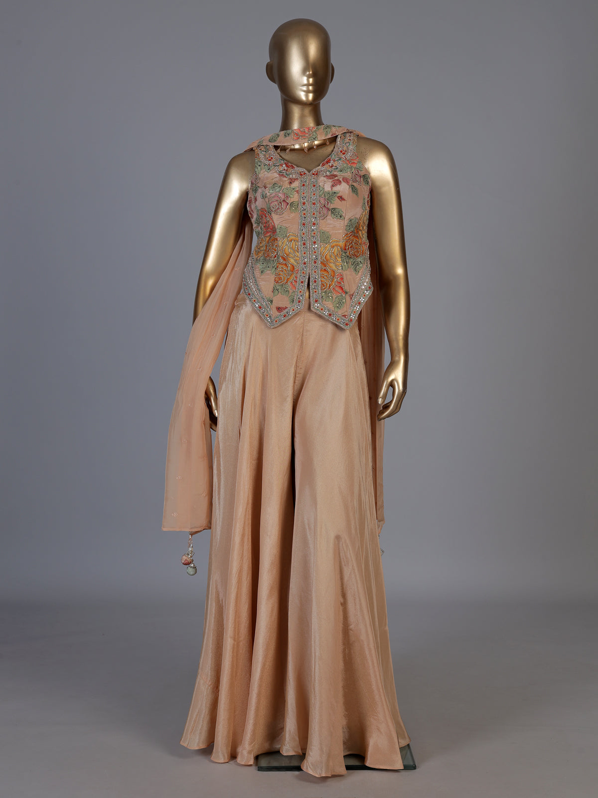 Peach floral embroidered women palazzo suit with choker dupatta