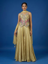 Beige floral embroidered women palazzo suit with choker dupatta