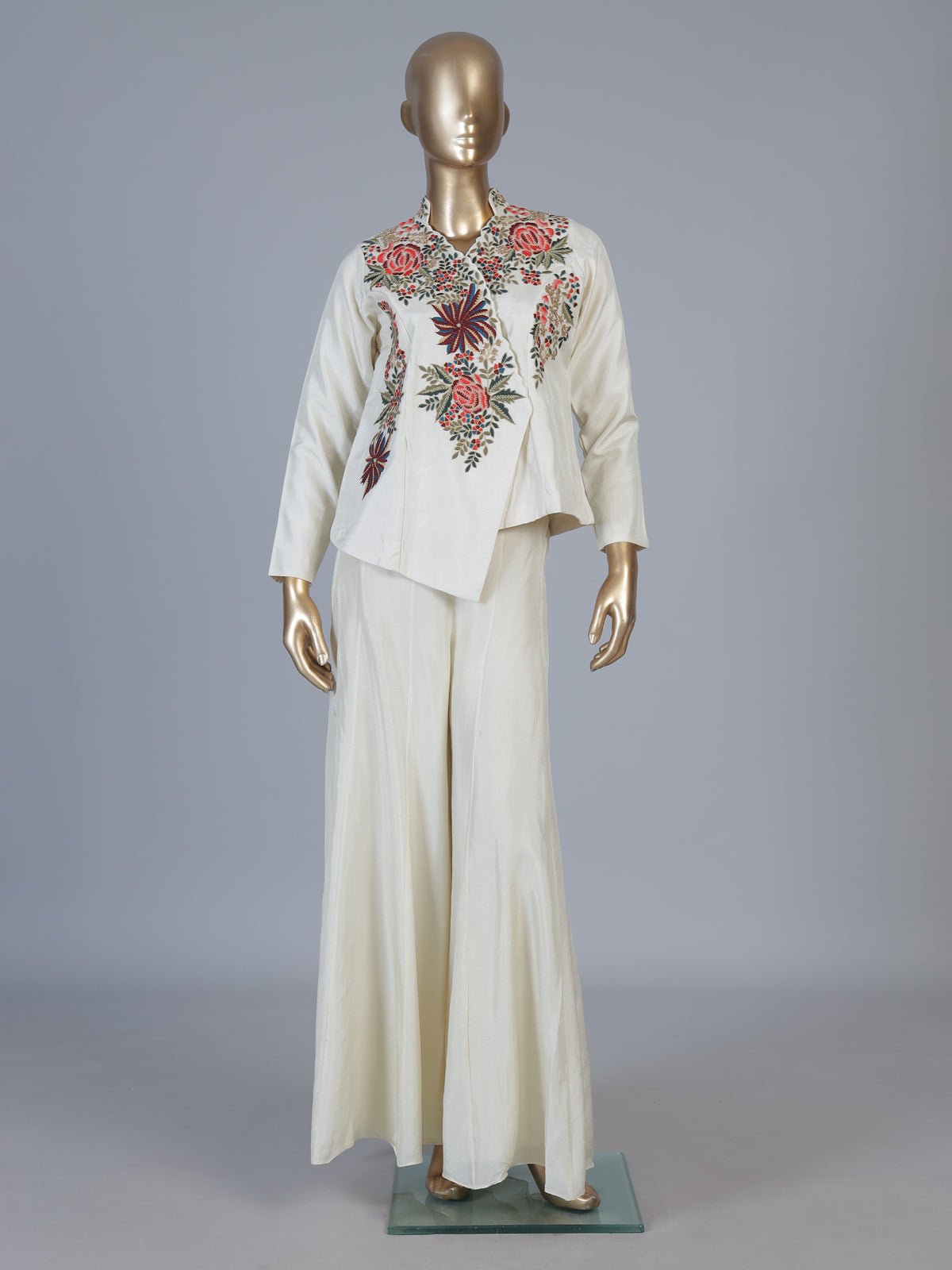 Off white embroidered women palazzo indo western suit
