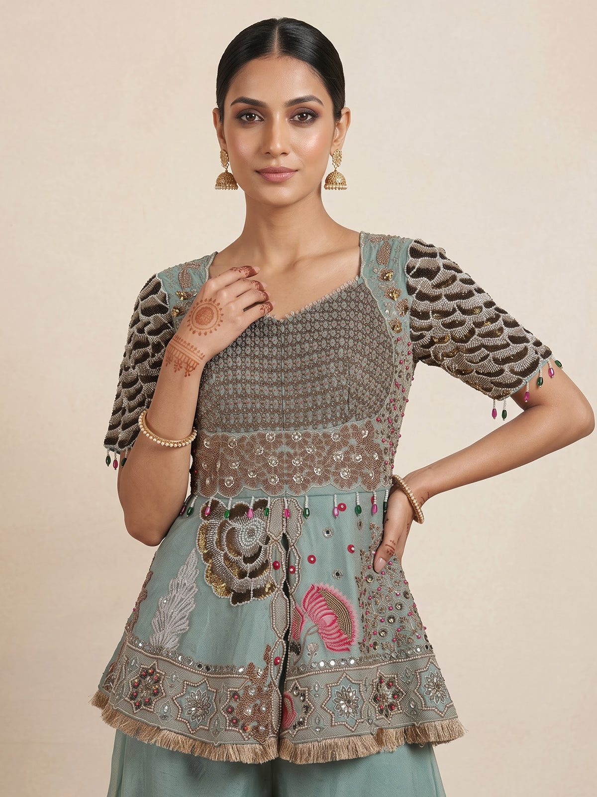 Green mirror embellished women palazzo suit with dupatta