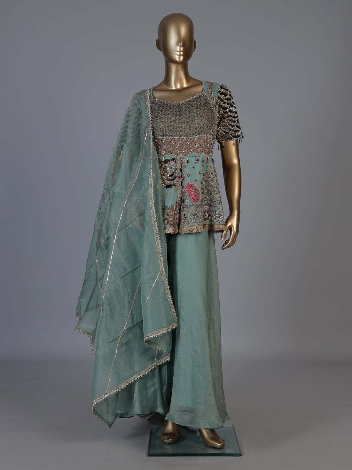 Green mirror embellished women palazzo suit with dupatta