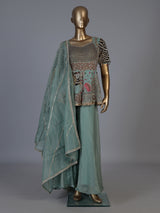 Green mirror embellished women palazzo suit with dupatta