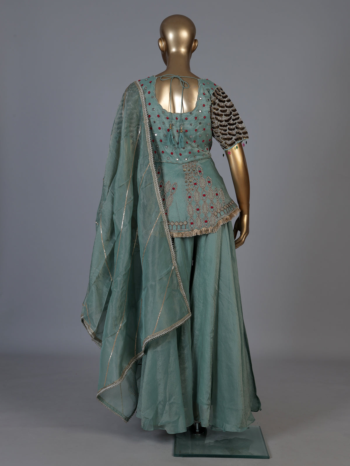 Green mirror embellished women palazzo suit with dupatta