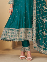 Teal blue silk anarkali salwar suit for women