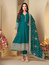 Teal blue silk anarkali salwar suit for women