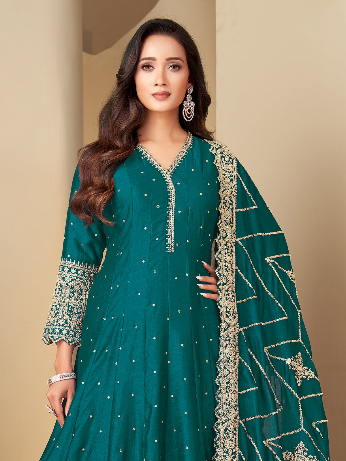 Teal blue silk anarkali salwar suit for women