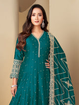 Teal blue silk anarkali salwar suit for women