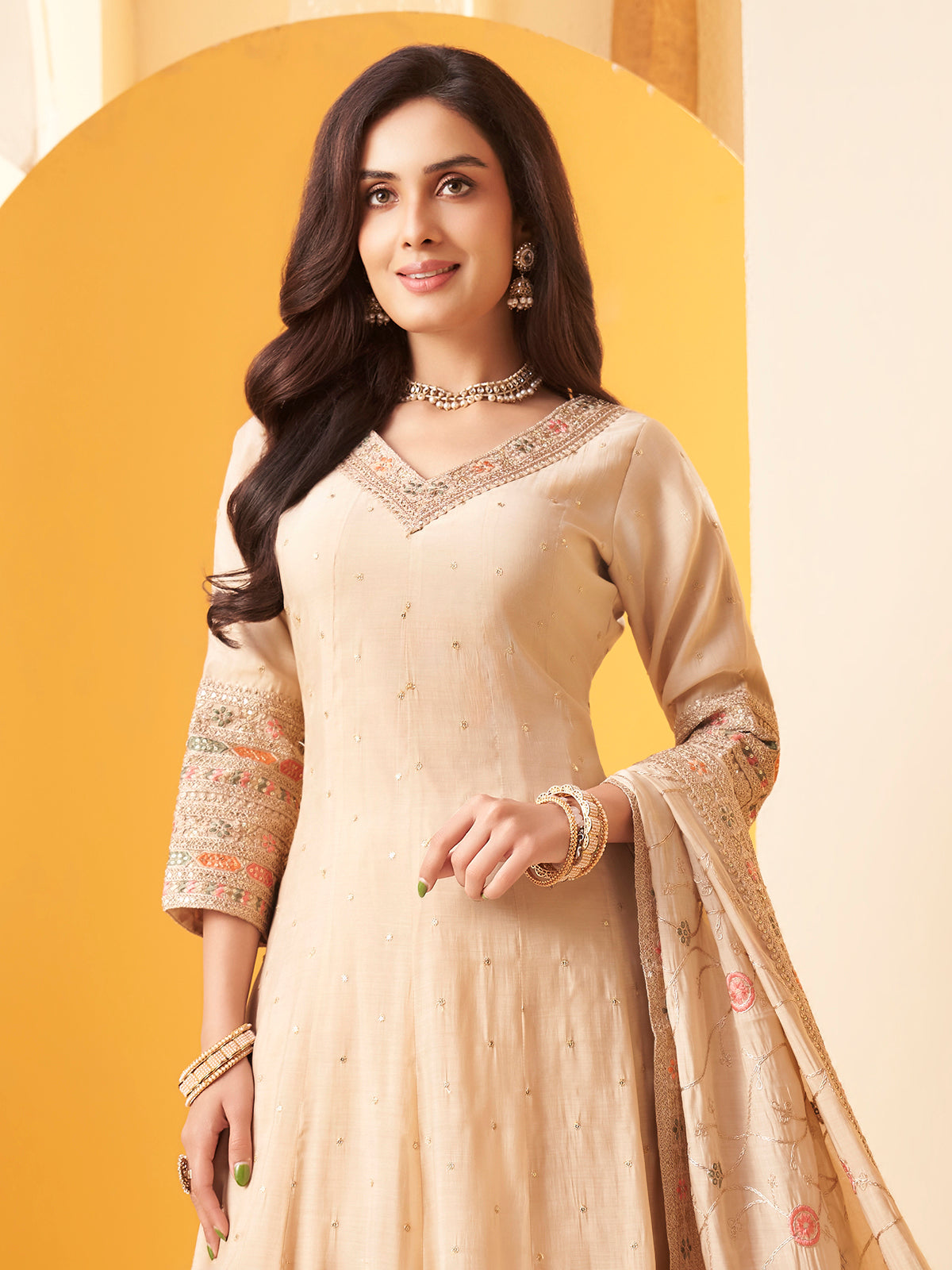 Cream cotton silk embroidered salwar suit for women
