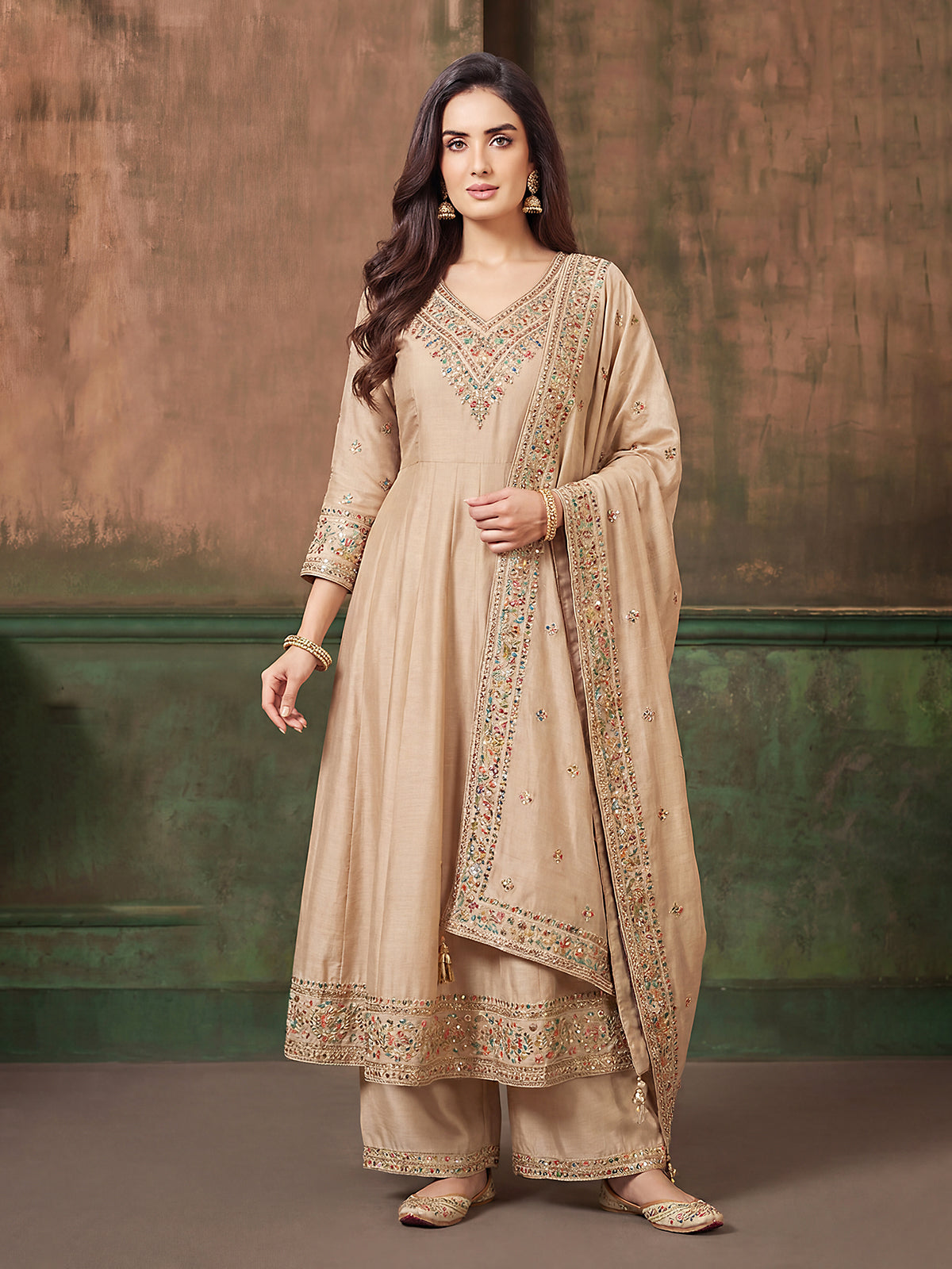Beige mirror work anarkali salwar suit for women