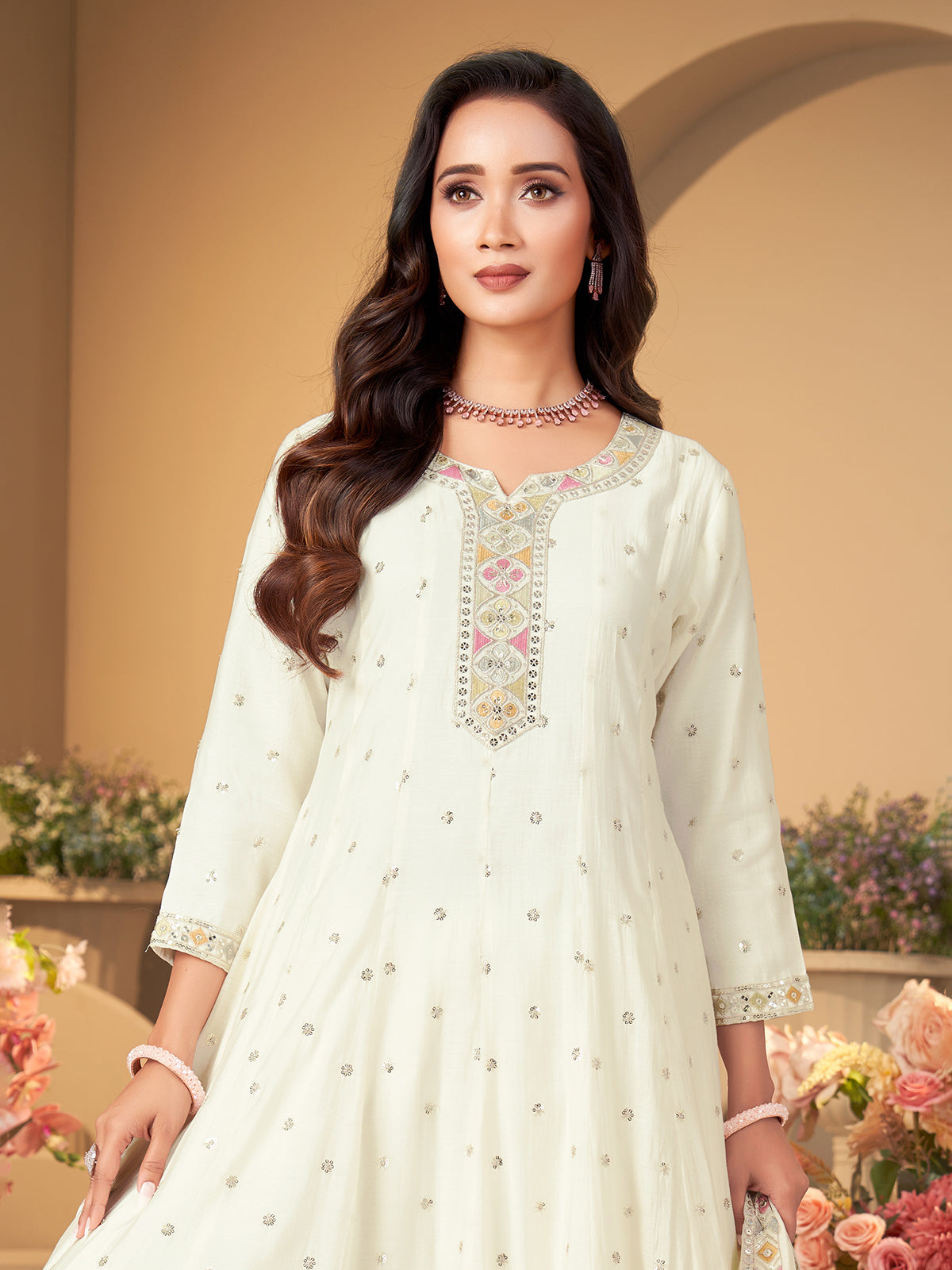 Off white cotton silk anarkali palazzo suit women