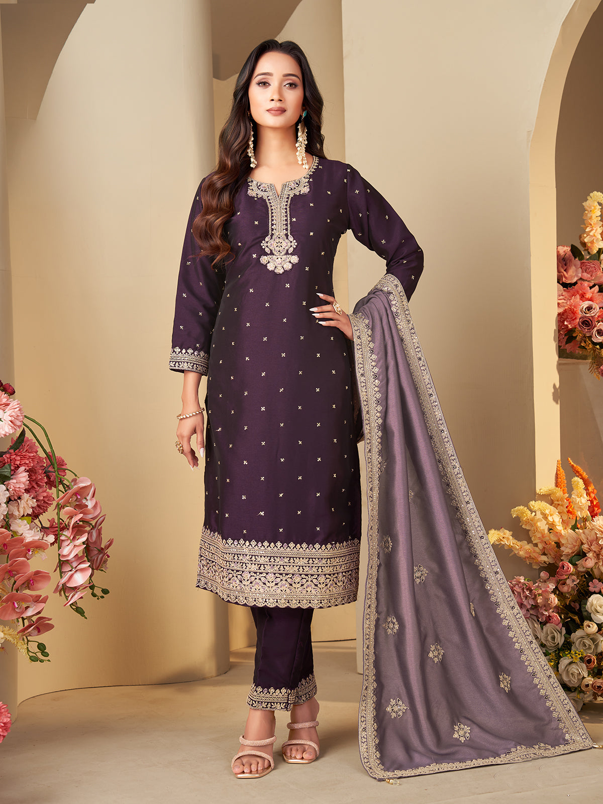 Wine straight cut cotton silk salwar suit women