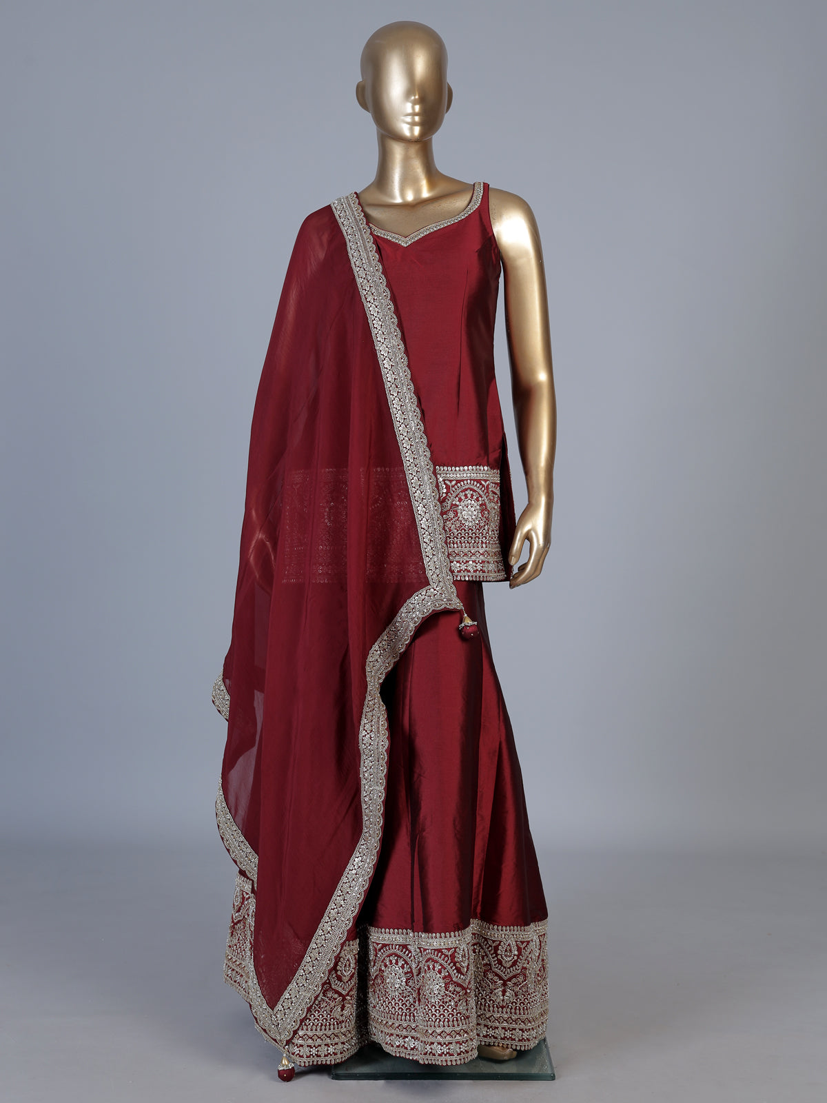 Maroon zardosi embellished women sharara suit with dupatta